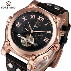 FORSINING Топ бренд класса люкс Tourbillon часы Для мужчин автоматические механические римские цифры часы Royal Роза Золотой Дело кожаный ремешок