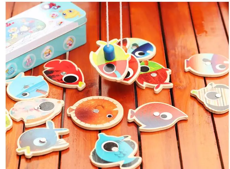 Детская деревянная рыбалка игрушки с 14 рыбы и 2 стержни железный ящик упаковки/Дети Открытый Рыбалка игры, развивающие игрушки подарки на день рождения