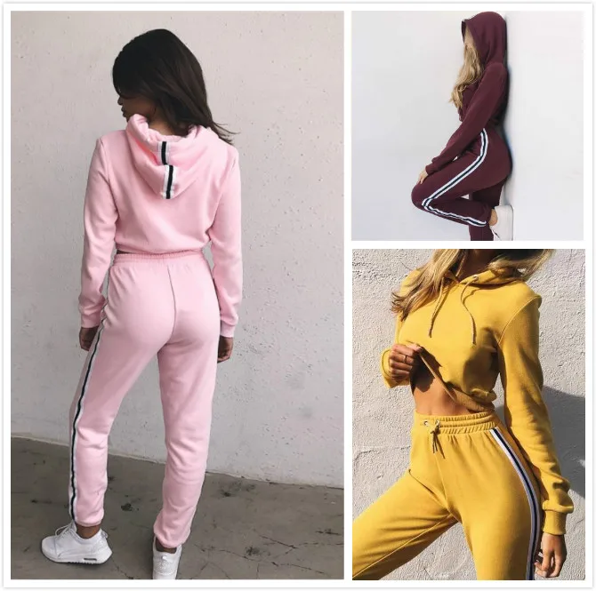 1606 2019 Femmes Deux 2 Pièces Ensemble Hoodies Top Pantalon Hiver Survêtement Bordeaux Rose Jaune Noir Rayé Tenue Femme Sport Costumes In