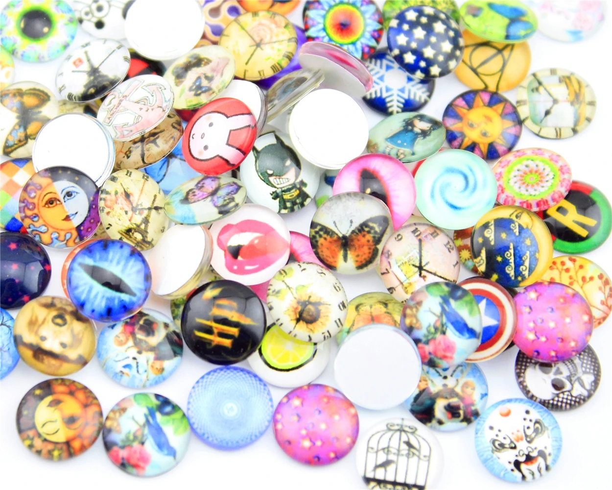Random Mix Styles 100pcs 12mm Handmade Round Photo Glass Cabochon ( please note you may get some styles not in the pictures ) Jewelry Findings