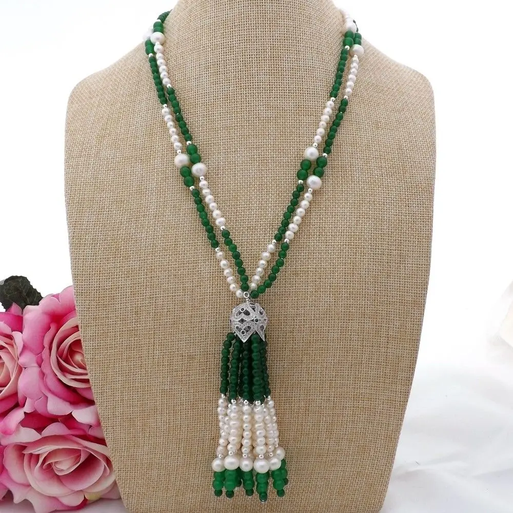 

K092403 21" White Pearl Green Ston'e Necklace CZ Pendant