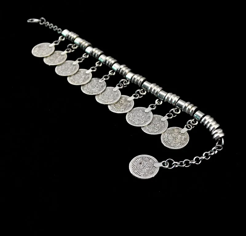 Цыганские/турецкие винтажные Серебряные Металлические Ювелирные наборы для женщин, девушек, монета, кисточка, цепочка, ожерелье, серьги, браслет, этническая индия
