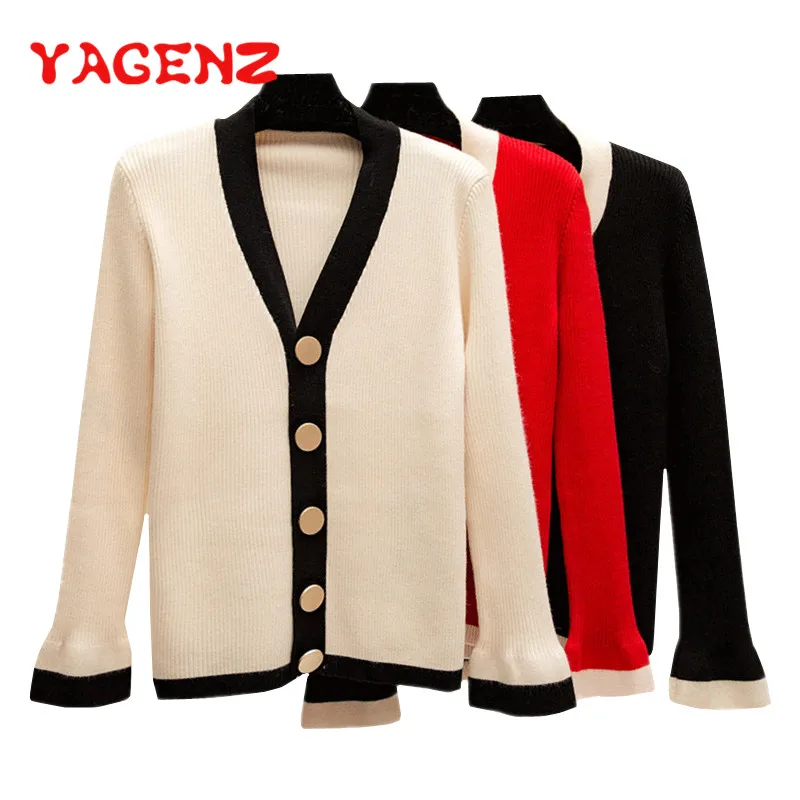 

YAGENZ Flare Sleeve Knitted Sweaters Women Short Coat Fashion 2018 V Neck Long sleeve Cardigan Ladies Autumn Sweater Female Tops