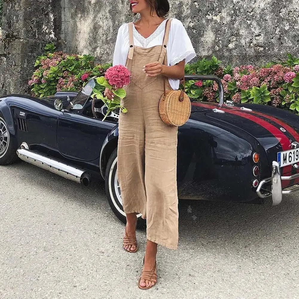 

Ladies Jumpsuits Women Cotton Pants Summer Fashion Loose Jumpsuits Overalls Wide Leg Trousers Beach Casual V Neck Jumpsuits