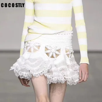 

Runway Skirts WomenTutu Mini Skirt Hollow Out Elastic High Waist Draped Skirts Female 2018 Summer Fashion Sexy Clothing