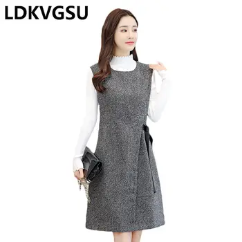 

Spring Autumn Women's Sleeveless Woolen Dress 2019 New Fashion Round Neck Gray Large Size Slim Female Vest Dress Is1651