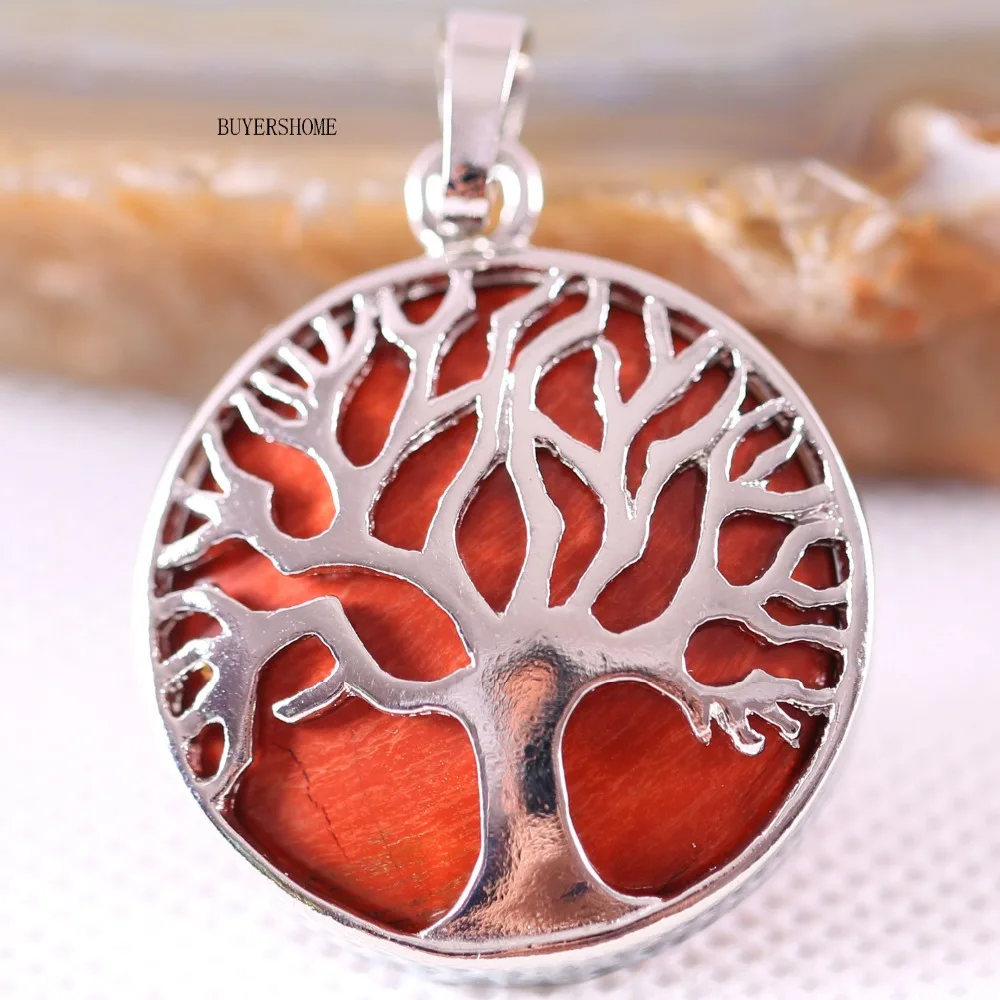 Color Tree of life Round Necklace Pendant 25MM Natural Stone Red Jaspe 1Pcs K418 | Украшения и аксессуары