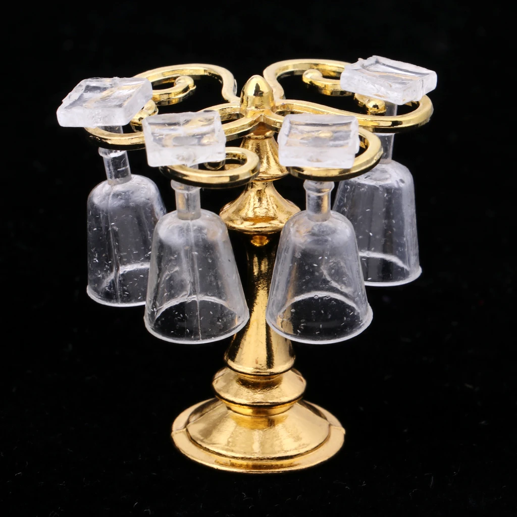 1/12 Scale Dollhouse Miniature Golden Polished Metal Goblet Rack Stand Holder Wine Cup Rack w/ 4 Wine Ggoblets Kits Decor