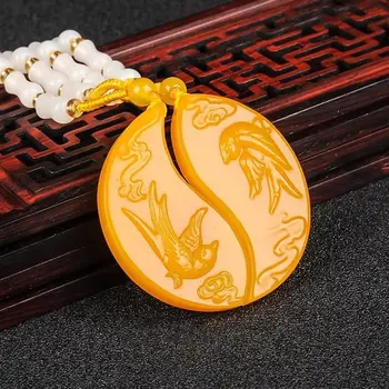 

A Pair Of Lovers Pendant Natural Yellow Jade Hand-carved Magpies Bless Luck Necklace Pendant Jade Statue