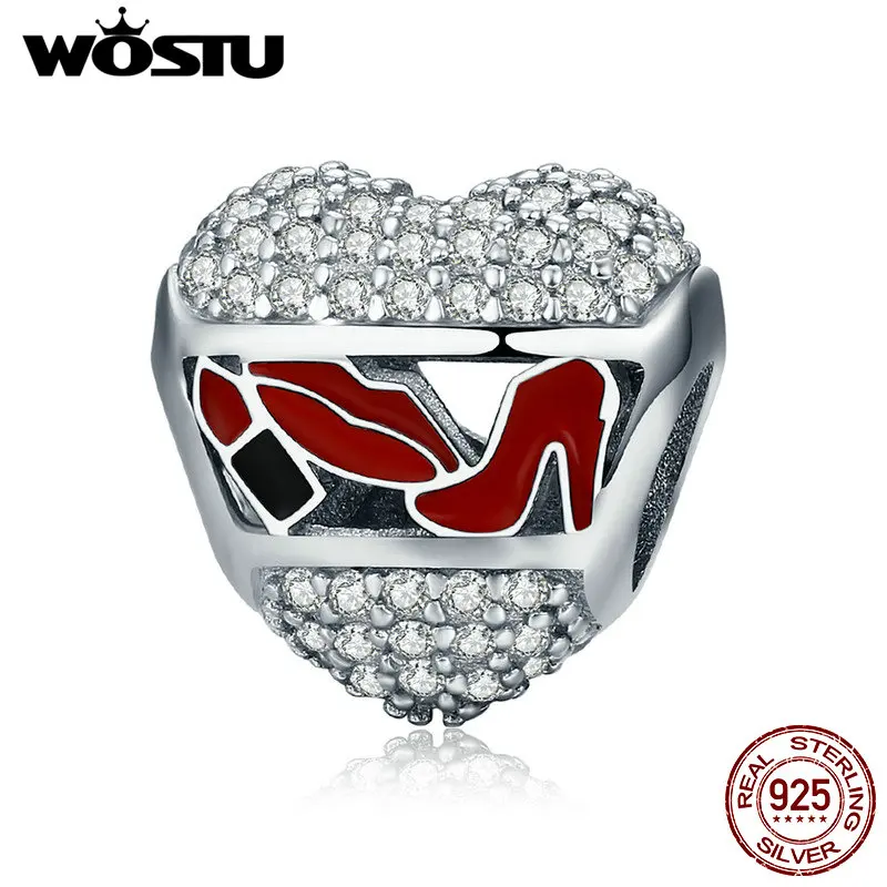 

WOSTU Real 925 Sterling Silver Dazzling Lady Style Heart Beads Charm Fit Original Bracelet Fine Jewelry Gifts For Women CQC627