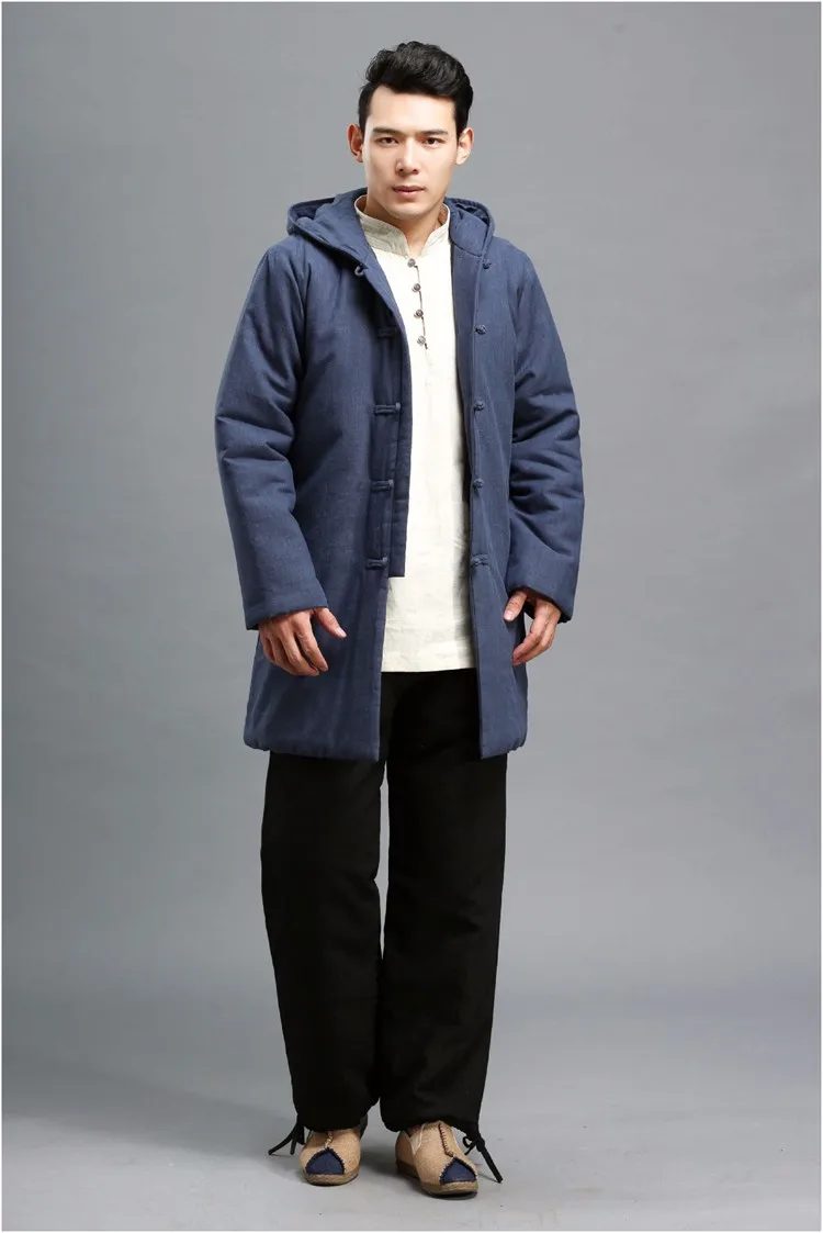 Hisenky традиционная китайская зимняя куртка льняное Мужское пальто парка с капюшоном хлопковая топики с мягкими чашечками винтажное этническое пальто Manteau Homme