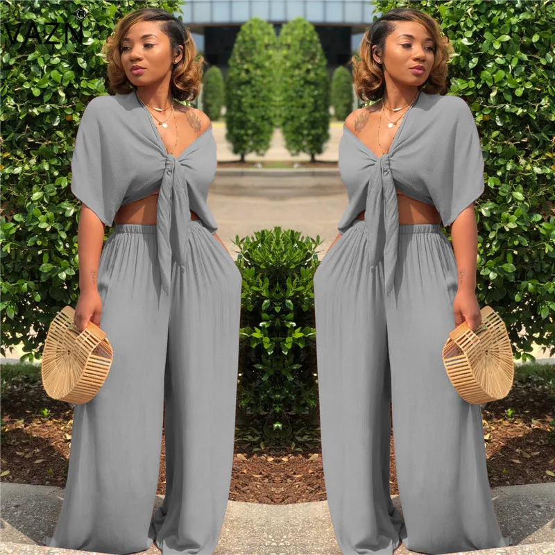 

VAZN 2018 summer hot 2-pieces solid 5-colors long jumpsuits women short sleeve V-neck jumpsuits hollow out loose jumpsuits A7003