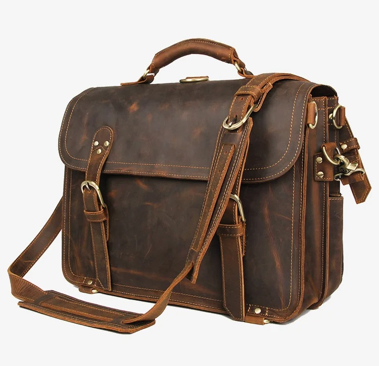 New  Genuine Leather Men Handbag Vintage Crazy Horse Leather Messenger Bag 15.6