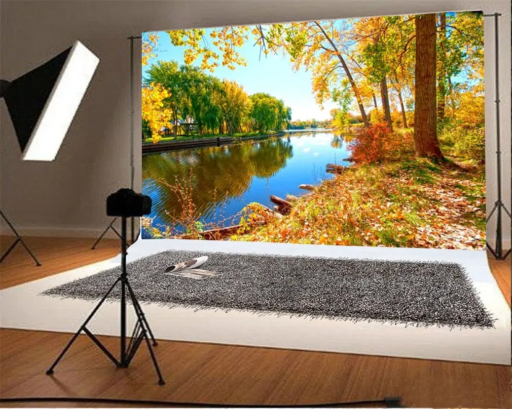 Photography Backdrop Nature Golden Leaves River Trees Blue Sky Ric Autumn Photo Background Party | Электроника