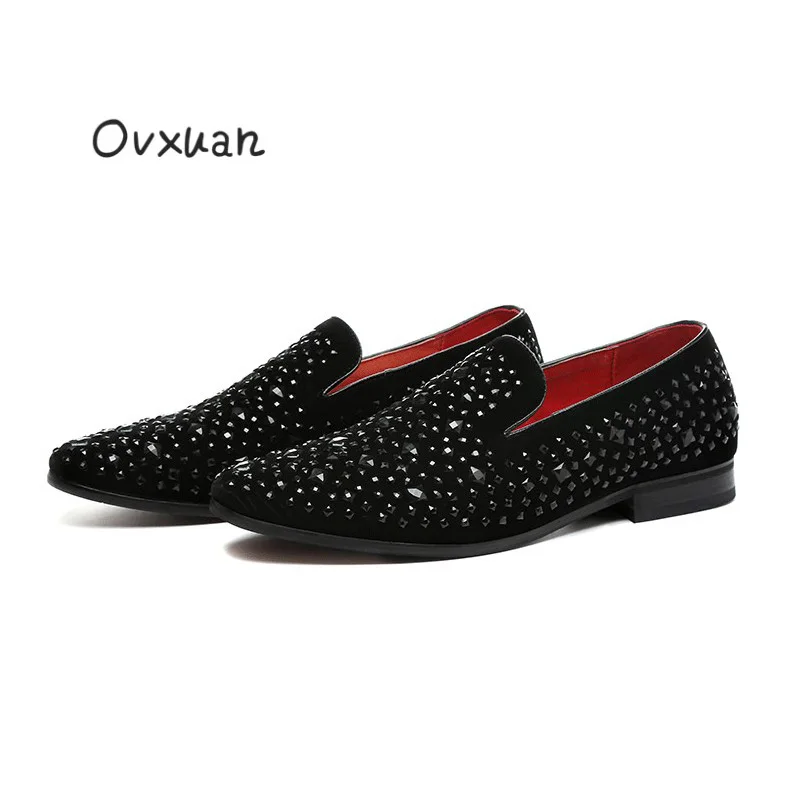 

Ovxuan 2018 Men Flat Shoes Glitter Rhinestone Men Loafers Fashion Luxury Marriage Wedding Shoes Italian Leather Shoes for men