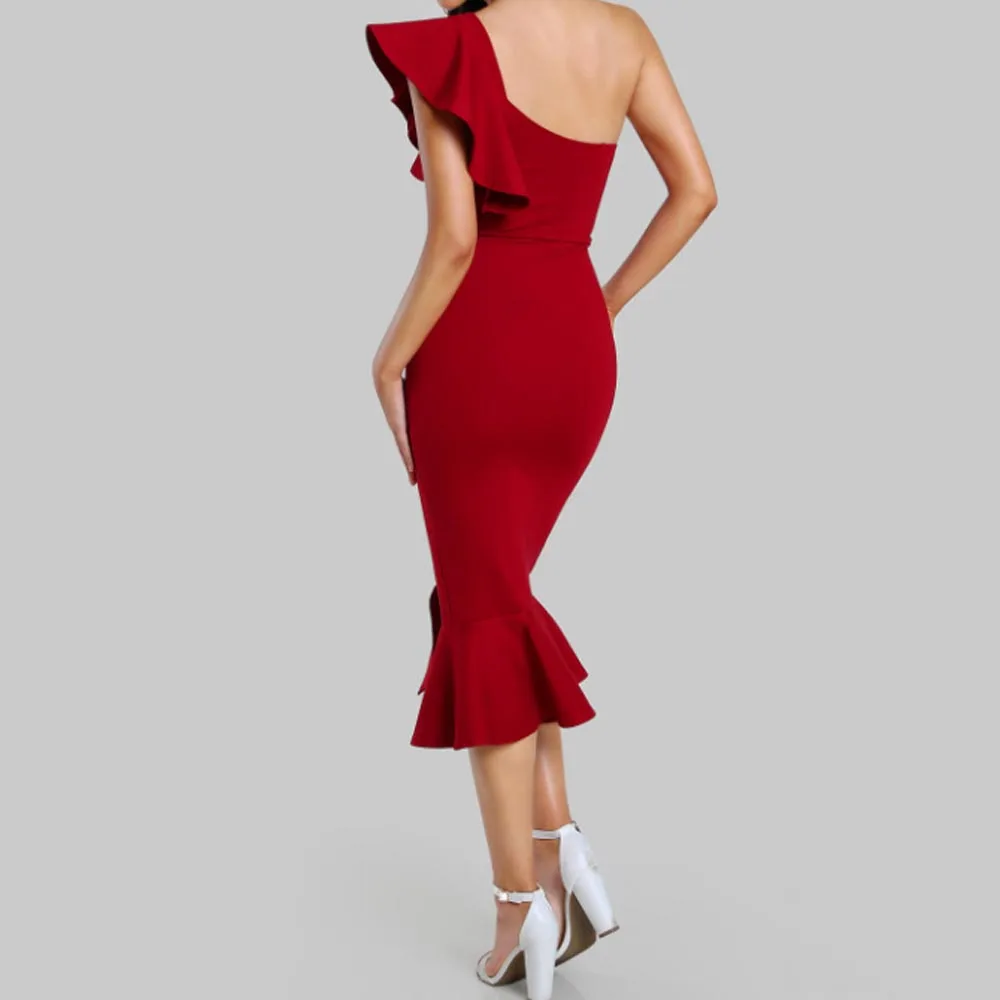 JSMY 2019 New Summer Fashion Women Sexy Slim Irregular Strapless Hem Slit Slip Ruffled Midi Dress