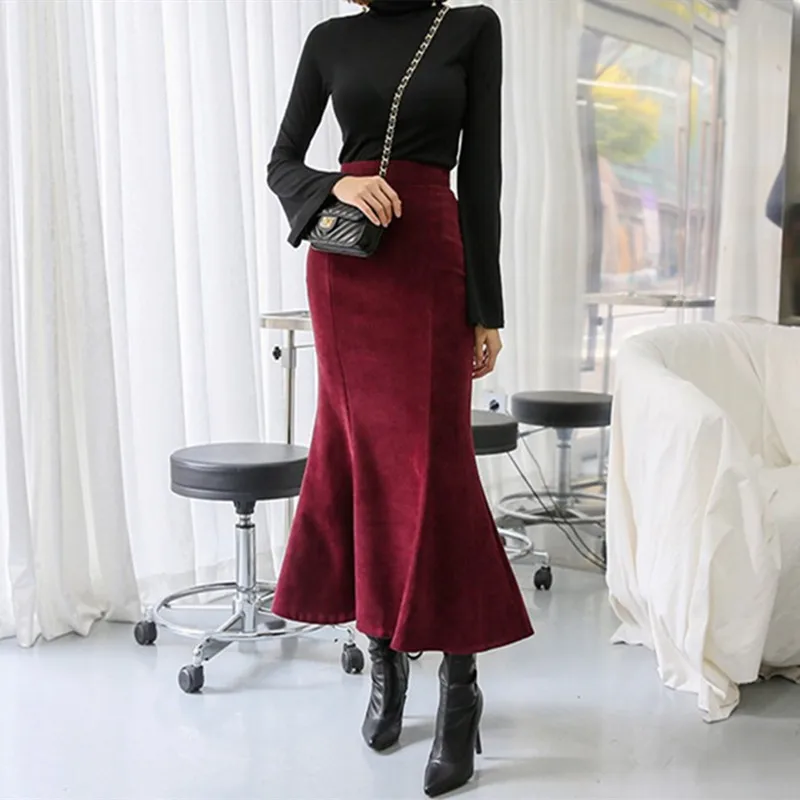 Gratis Verzending 2019 Fashion Lange Maxi Rok Vrouwen XS-2XL Mermaid Stijl Suede Dames Zwarte En Rode Hoge Taille Herfst Winter rokken