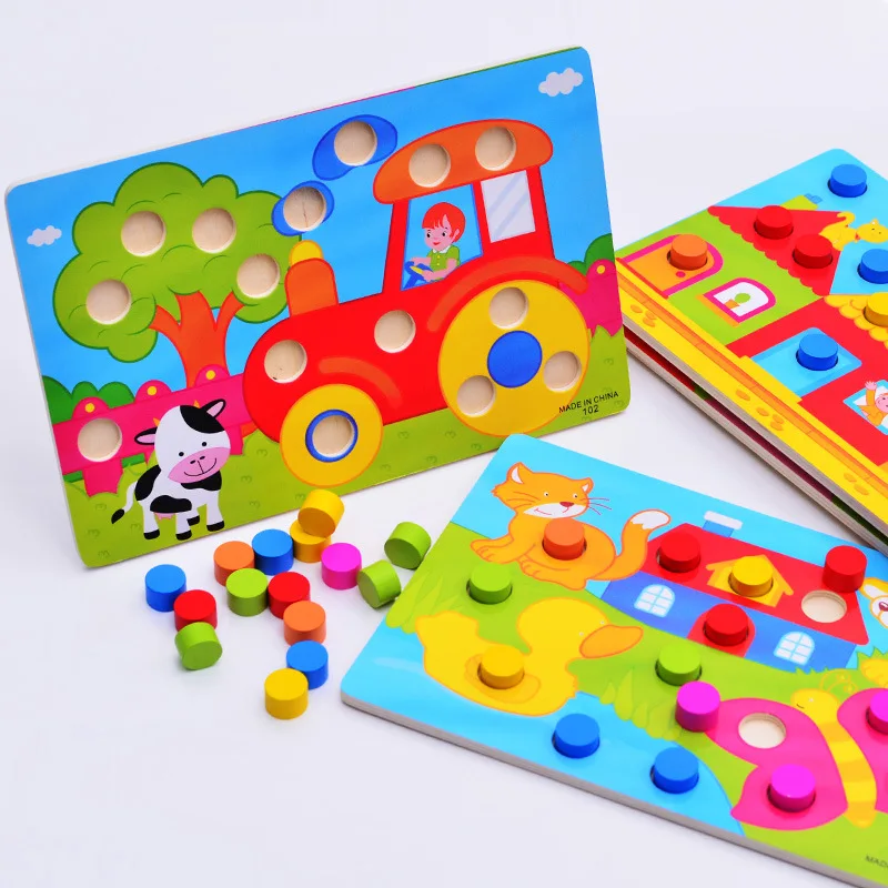 

Montessori 3D Puzzle Wooden Cognitive Cartoon Animals Mushroom Nail Hand Grab Color Pairing Early Education Children Baby Toy