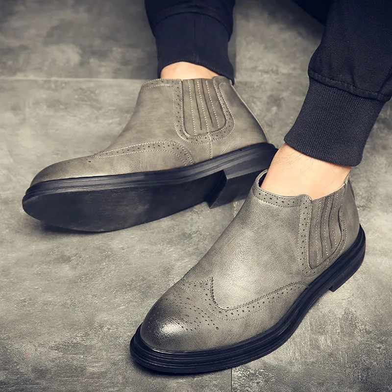 DESAI/мужские кожаные ботинки на резиновой подошве; модные ботинки «Челси»; Мужские Повседневные слипоны; водонепроницаемые ботильоны с острым носком; Низкие ботинки - Цвет: Gray