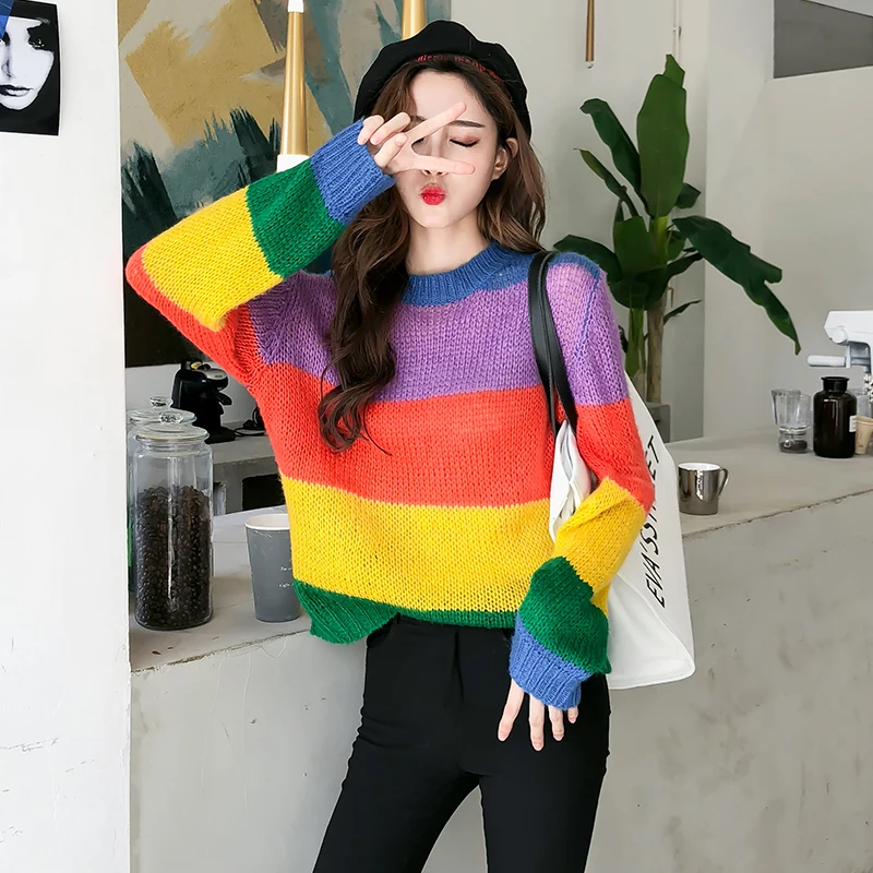 Повседневный модный свободный свитер в радужную полоску, женские свитера, милые женские винтажные свитера Harajuku Ulzzang, джемпер для женщин