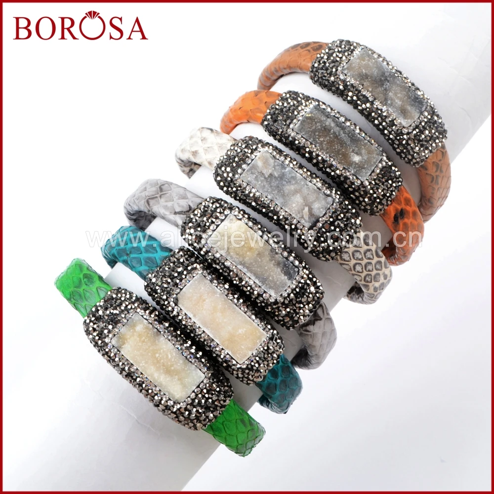 

BOROSA 5PCS Mixed Colors Snakeskin Druzy Bracelet Fashion Jewelry Drusy Bangle pave zircons Bangles Jewelry for Women JAB895