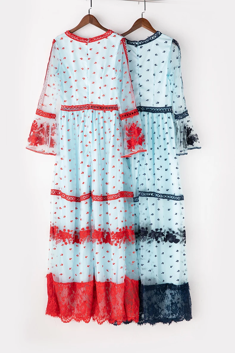 Элитная одежда Летняя мода для подиума Для женщин полный рукав красный/синий цветок вышивка в виде, из кусков, v-образный вырез, длинное платье
