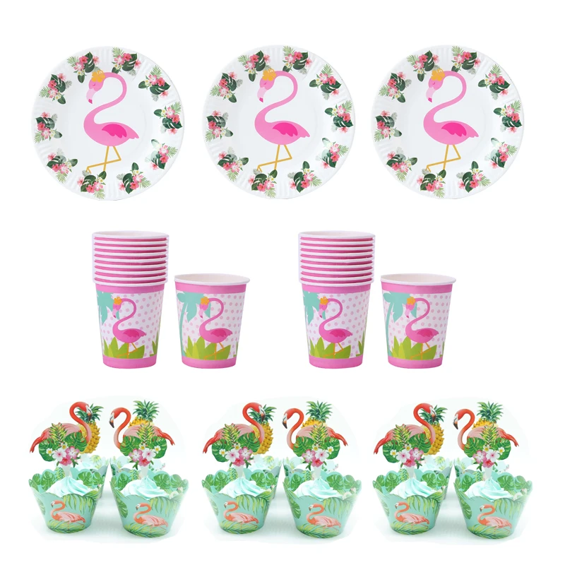 

Flamingo theme party Disposable tableware paper cup/plate/napkin/banner/candy box straw tablecloth gift bag cupcake topper