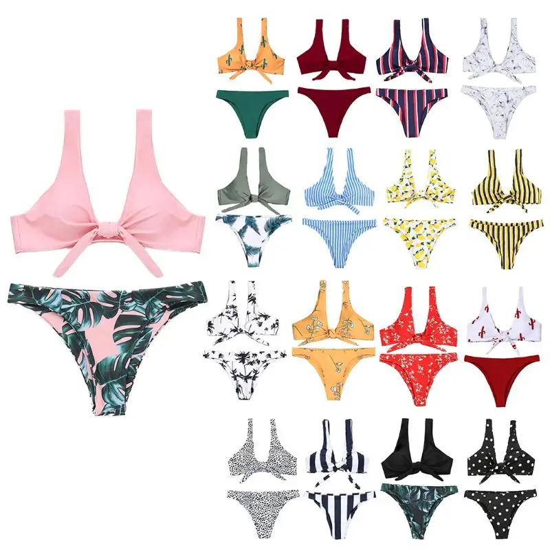 

17 Styles Womens Sexy Two Piece Bikini Set Push Up Tie Knot Front Bra Colored Boho Floral Stripes Printed Swimsuit Mid-Rise Tria