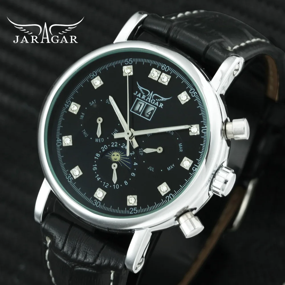 

JARAGAR Top Brand Luxury Auto Mechanical Watch Men Leather Strap Sun Moon Display Crystal Sub-dials Calendar Wristwatches Man