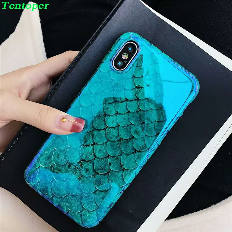 

Blu-Ray Phone Case For iPhone 6 6S 7 8 Plus X Cool Laser Blue Fish Scale Skin Pattern Soft TPU Back Cover For iphone X 7 7 Plus