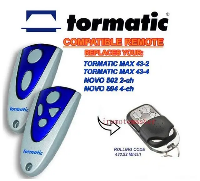 

2 piece For TORMATIC MAX 43-2,MAX 43-4,NOVO 502 2-CH,NOVO 504 4-CH remote replacement 433,92mhz rolling code