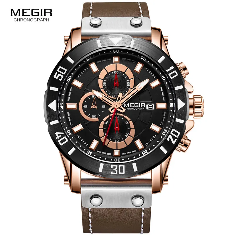 Megir мужские роскошные спортивные кварцевые часы коричневые армейские хронограф наручные часы для мужчин мужские Relogios Relojes 2081 Роза