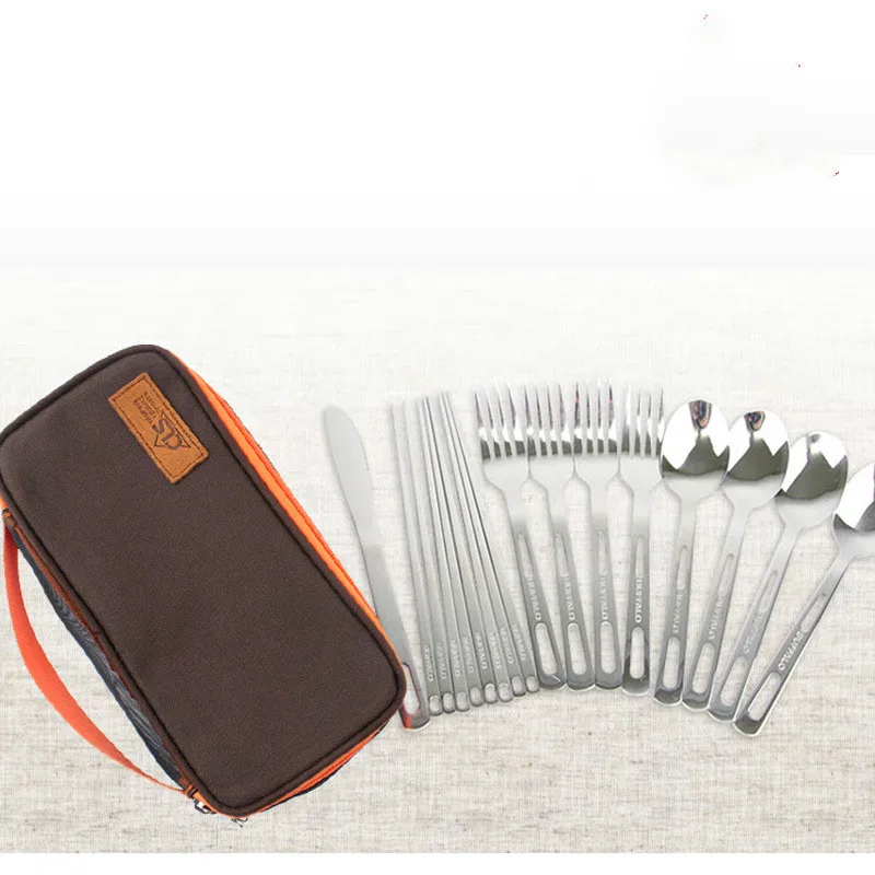 Inoxidável ao ar Utensílios de Mesa Livre Churrasco Acampamento Grande Capacidade Faca Garfo Colher Pauzinhos Receber Bolsas 14 Pçs Aço