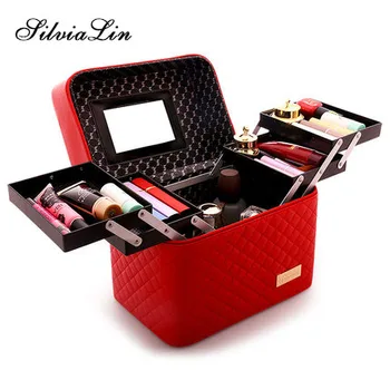 

Women Large Capacity Professional Makeup Organizer Fashion Toiletry Cosmetic Bag Multilayer Storage Box Portable Pretty Suitcase