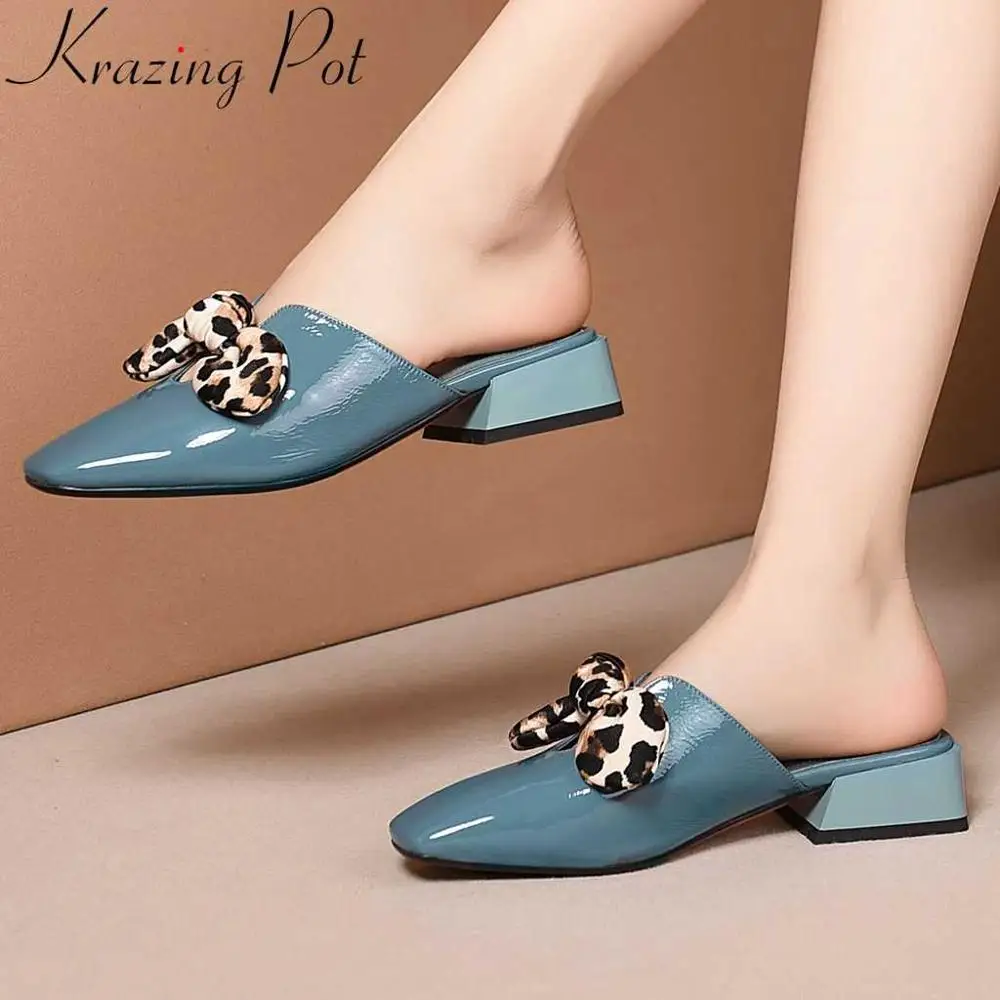

Krazing pot big size movie stars leopard butterfly-knot decoration natural leather slip on mules low heels square toe pumps L9f1