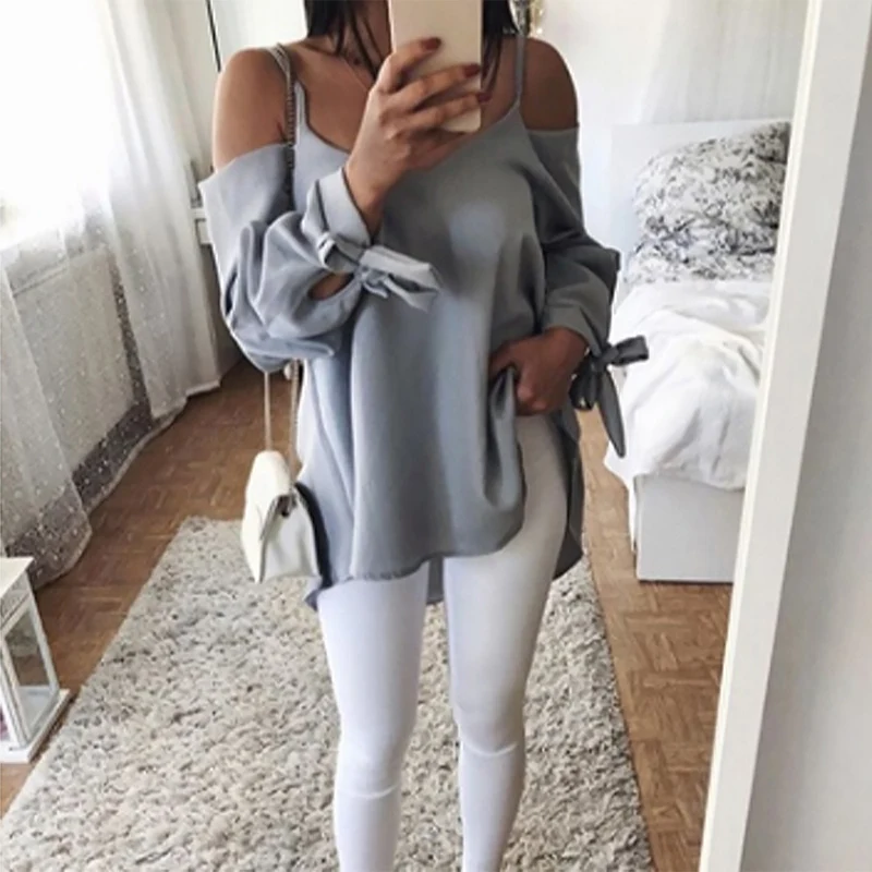 

Long Sleeve V-neck Sling Shirts Women Chiffon Blouse Casual Bowknot Plus Size Off Shoulder Tops Femininas