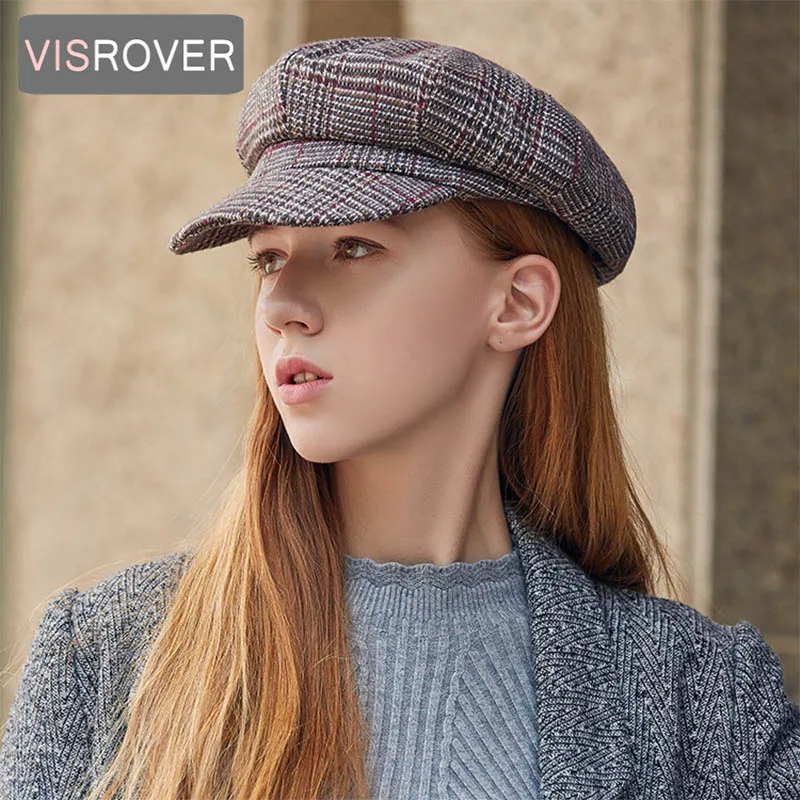 VISROVER Осенняя Женская клетчатая кепка Newsboy s зима Feminino винтажные Восьмиугольные шляпы для женщин береты Hatpainter Кепка