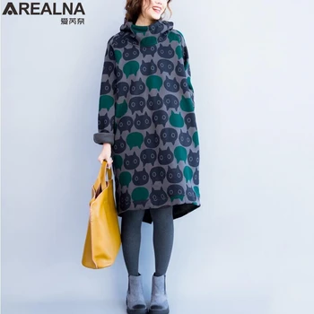 

women hoodies sweatshirts Winter sweatshirt women Thicken Warm Cotton Print Cat Casual Turtleneck Plus Size long hoodie dress