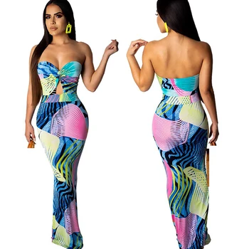 

Retro Bohemian Long Maxi Dress Sexy Strapless Floral Print Beach Dresses Elegant Mermaid Dress Boho Robe Summer Sundress