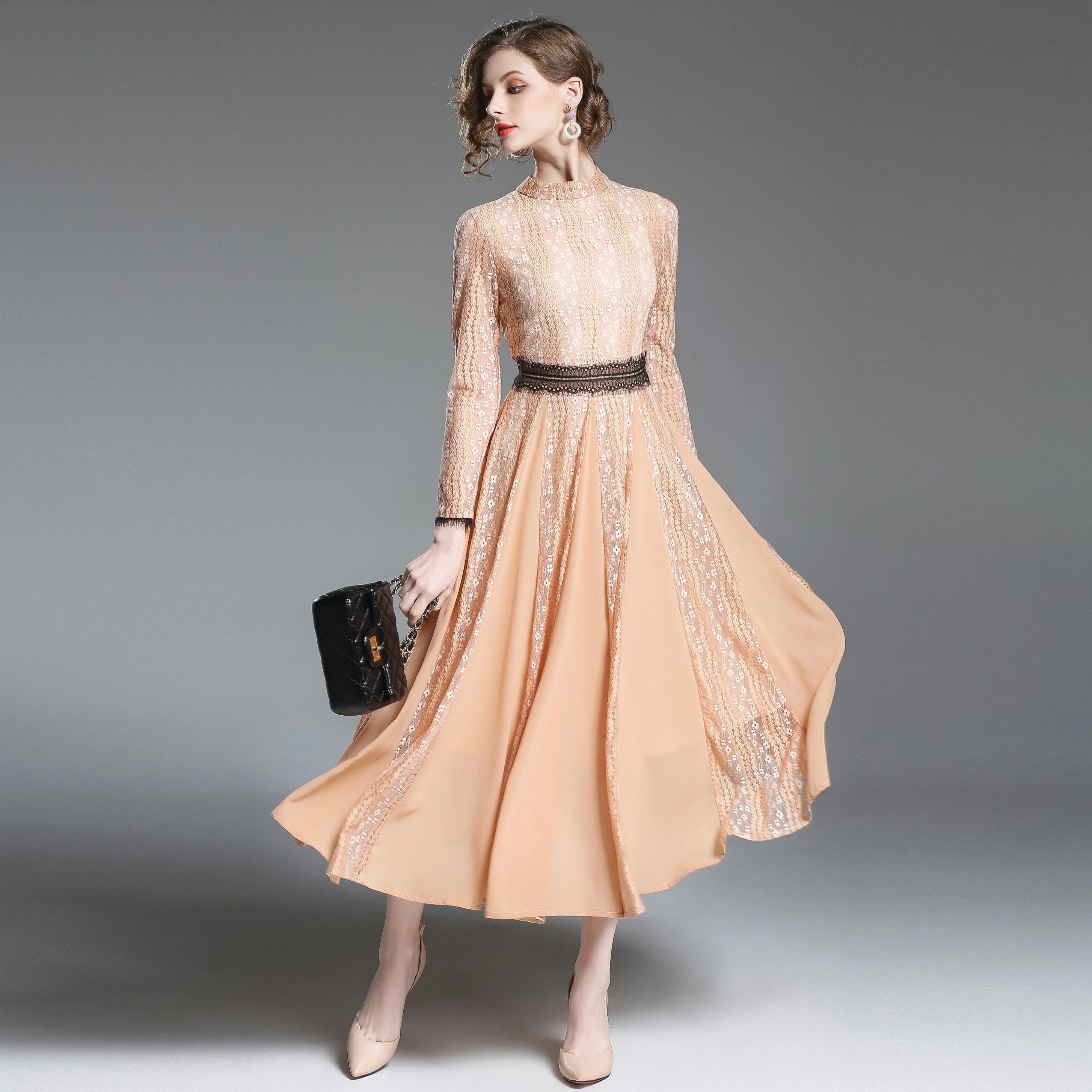 Runway Designer 2018 Women's Elegant Lace Dress A line Striped Full