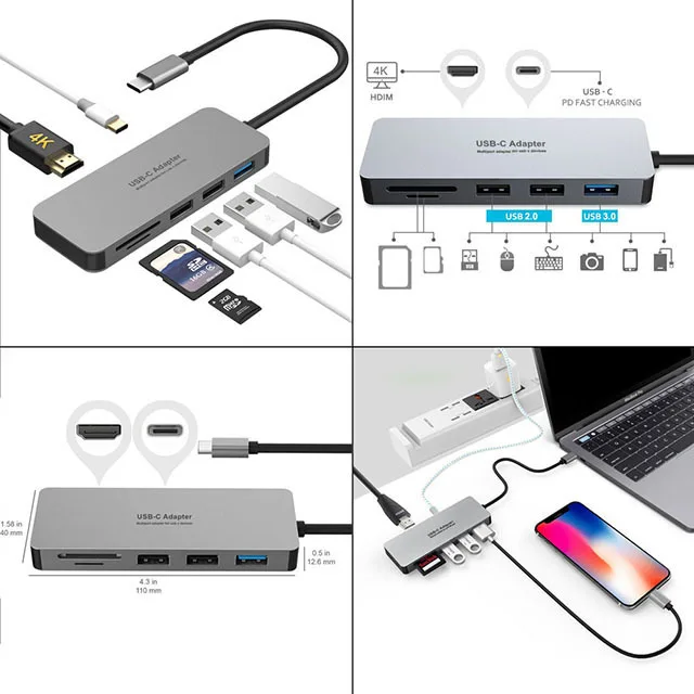 Egeedigi USB C концентратор 7 в 1 док-станция TF кард-ридер HDMI 4K концентратор 3 USB 3,0 адаптер type C PD Зарядка для Mac Book/мобильного телефона