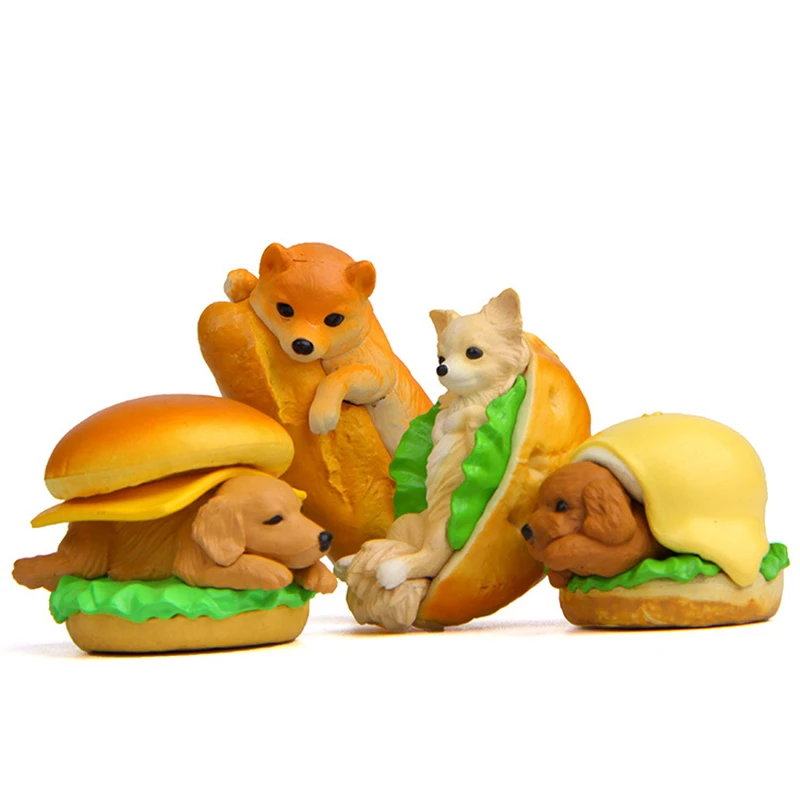 

4Pcs/Set Dogs With Hot Dog Hamburger Action & Toy Figures Keji Golden retriever Mini Toys Miniature Landscape Decoration Gifts
