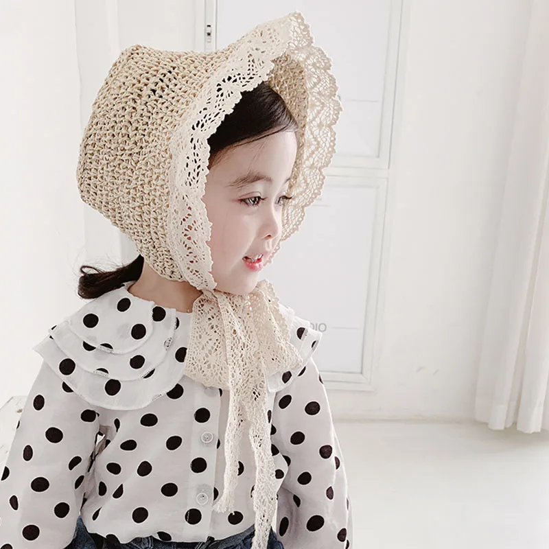 Flowers Lace Baby Girls Straw Hats Summer Sun Hats for Child Children