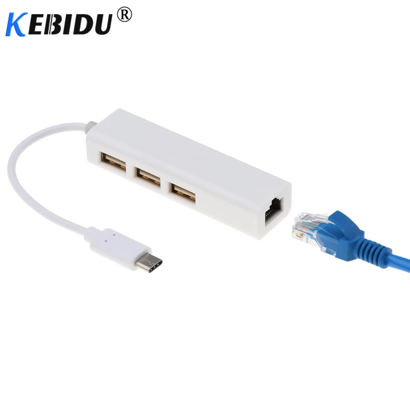 Kebidu usb хаб Type C к Ethernet LAN RJ45 3 порта Кабельный адаптер Сетевая карта USB 2 0 для