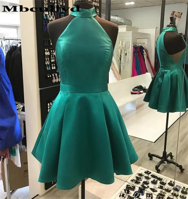 

Mbcullyd 2020 Short Prom Dresses For Women Sexy Halter Neck Green Color Mini Dress Party Gown vestidos de fiesta de noche Cheap