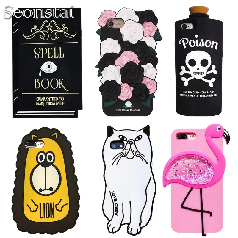 

Seonstai 3D Cute Animal Flamingo Lion Dog Case for iPhone 7 8 Plus Cartoon Poison Soft Silicone Cover for iPhone 6 6s Plus