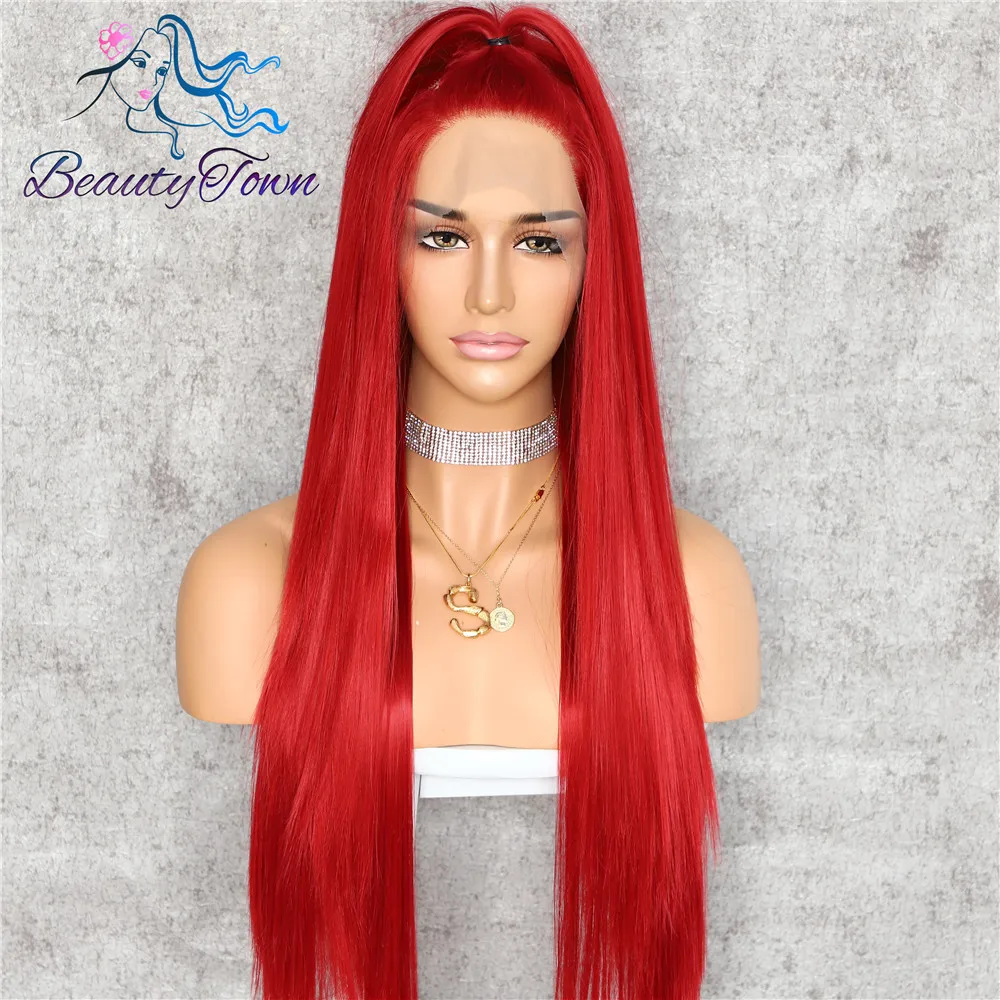 BeautyTown HandTied White Orange Red 1B Heat Resistant Straight Cosplay Celebrity Girl Wedding Party Synthetic Lace Front Wig