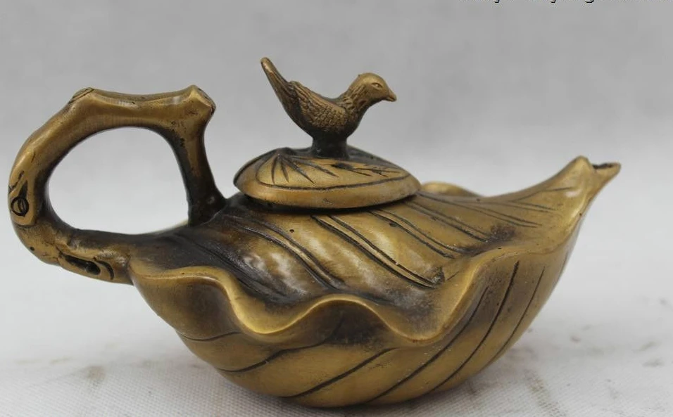 

4"Chinese Collect Folk Pure Bronze Lucky beautiful Bird Pot water jug