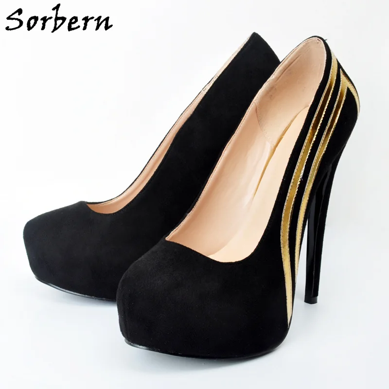 Sorbern Black Women Pumps Plus Size 34-48 With Gold Women'S Shoes Fetish High Heels Sapatos Femininos Custom Platform Big Size