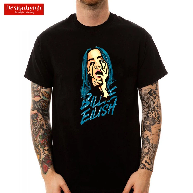 

Men's Billie Eilish Print Cotton Black T Shirt Men Harajuku Funny Top Tee Harajuku Male Tee Shirts Casual Black Street Clothing